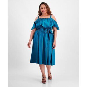 City Studios Ruffled Square-Neck Cold-Shoulder Midi Dress Blue Plus Size 2X $89